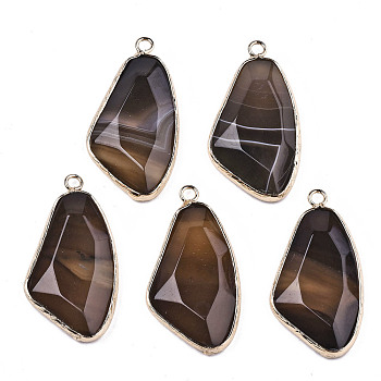 Natural Agate Links Connectors, with Light Gold Tone Brass Findings, Faceted Triangle, Camel, 41.5x20x5.5mm, Hole: 2mm