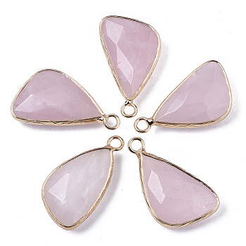 Natural Rose Quartz Pendants, with Light Gold Plated Brass Edge and Loop, Triangle, Faceted, 25~26x16x6mm, Hole: 2.5mm