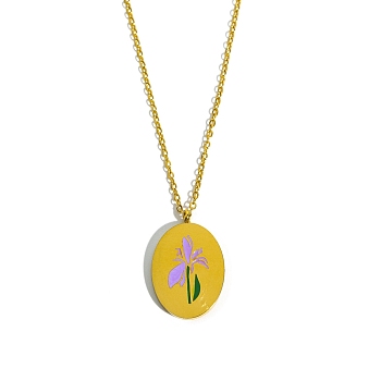 Birth Month Flower Style Titanium Steel Oval Pendant Necklace, Golden, February Iris, 15.75 inch(40cm)