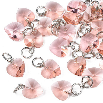 Faceted Transparent Glass Charms, with Iron Jump Ring, Heart, Pink, 13~14x10x5~6mm, Hole: 4mm