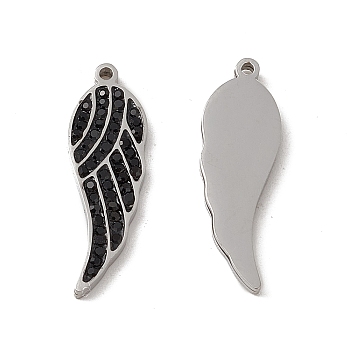 201 Stainless Steel Pendants, Jet Rhinestone Wing Charms, Stainless Steel Color, 22.5x7x2mm, Hole: 1mm