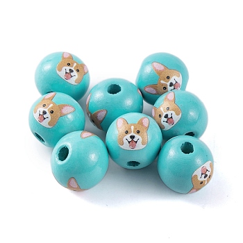 Wood European Beads, Round with Dog Pattern, Turquoise, 16x15mm, Hole: 4.5mm