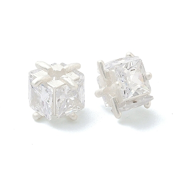 Brass Pave Cubic Zirconia Beads, Square, Long-Lasting Plated, Lead Free & Cadmium Free, Rack Plating, 925 Sterling Silver Plated, 9x9x6.5mm, Hole: 1.9mm