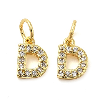 Brass Micro Pave Cubic Zirconia Pendants, with Jump Ring, Letter D, 8~9x4.5~9.5x1.5mm, Hole: 3.6mm