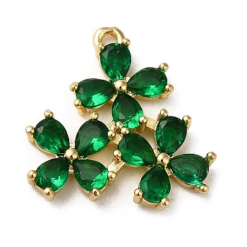 Emerald K9 Glass Pendants, with Brass Findings, Clover Charm, Golden, 20x18.5x3mm, Hole: 1.2mm