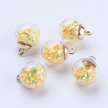 Glass Ball Pendants, with CCB Plastic, Round, Golden, Yellow, 21x16mm, Hole: 2mm
