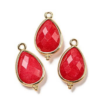 Dyed Natural Malaysia Jade Faceted Pendants, Rack Plating Golden Plated Brass Teardrop Charms, Red, 21x12x5mm, Hole: 1.6mm