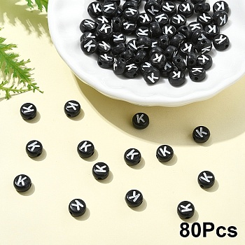 Opaque Acrylic Horizontal Hole Beads, with Enamel, Flat Round, Letter K, 7x4mm, Hole: 1.5mm