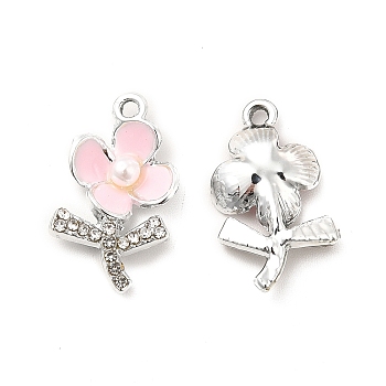 Alloy Rhinestone Enamel Pendants, with ABS Plastic Imitation Pearl Beads, Flower Charms, Platinum, Pink, 19.5x11x4mm, Hole: 1.5mm