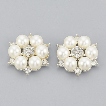 Alloy Rhinestone Flat Back Cabochons, with ABS Plastic Imitation Pearl, Flower, Silver Color Plated, 28x25x8.5mm