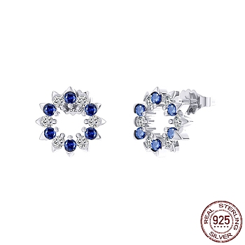 Flower Rhodium Plated 925 Sterling Silver Stud Earrings, with Midnight Blue Cubic Zirconia, with S925 Stamp, Real Platinum Plated, 8mm