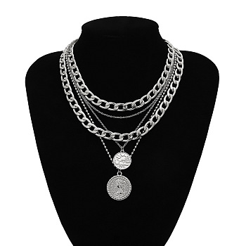 Alloy Disc Pendant Multi Layered Necklaces for Women, Platinum, 14.17 inch(36cm)