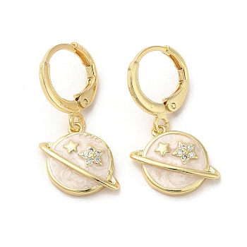 Planet Real 18K Gold Plated Brass Dangle Leverback Earrings, with Enamel and Cubic Zirconia, White, 26.5x15mm