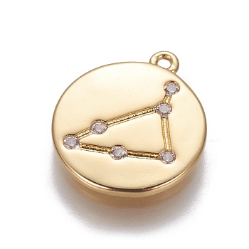 Brass Cubic Zirconia Pendants, Flat Round with Constellation, Golden, Clear, Capricorn, 16x14x1.5mm, Hole: 1mm