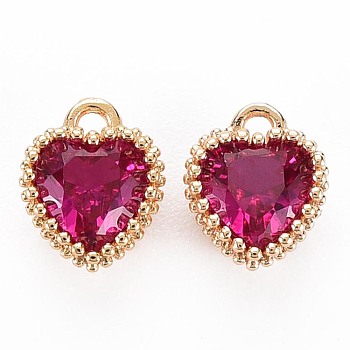 Brass Micro Pave Cubic Zirconia Charms, Nickel Free, Real 18K Gold Plated, Faceted Heart, Medium Violet Red, 8x6x3.5mm, Hole: 1mm