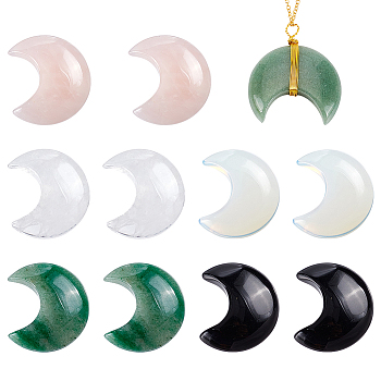 10Pcs 5 Styles Natural & Synthetic Mixed Gemstone Cabochons, No Hole/Undrilled, Natural Quartz Crystal & Rose Quartz & Obsidian & Green Aventurine, Opalite, Moon, 34~35x29~30x7.5~9mm, 2pcs/style