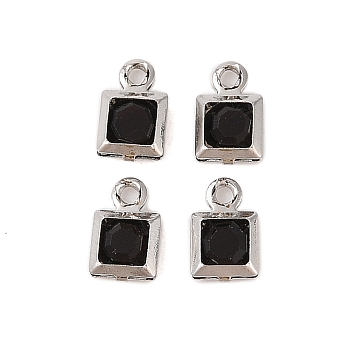 Rack Plating Brass Glass Pendants, Cadmium Free & Lead Free, Long-Lasting Plated, Square, Platinum, Black, 7x4.5x2mm, Hole: 1mm