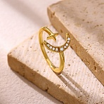 Brass Micro Pave Cubic Zirconia Cuff Open Rings for Women, Moon & Star, Golden, 12mm, Inner Diameter: 18mm(RJEW-F217-03G)