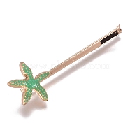 Iron Hair Clip, with Shell, Enamel and Alloy Findings, Starfish, Green, 54.5~55x2mm(PHAR-TAC0003-05A)