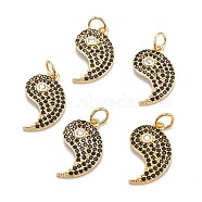 Brass Micro Pave Black Cubic Zirconia Pendants, Long-Lasting Plated Magatama, Real 18K Gold Plated, 18x9x2mm, Hole: 3.5mm, Ring: 5x1mm(ZIRC-P086-32G)