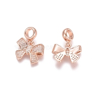 Brass Micro Pave Cubic Zirconia European Dangle Charms, Large Hole Pendants, Bowknot, Clear, Rose Gold, 23mm, Bowknot: 13.5x17x3.5mm, Hole: 5mm(ZIRC-E163-15RG)