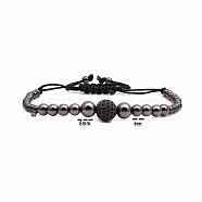 Synthetic Non-magnetic Hematite Braided Bead Bracelets, Adjustable 10mm Ball Brass Mico Pave Cubic Zirconia Bracelets for Women Men, Silver Plated(KJ6464-3)