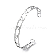 304 Stainless Steel Open Cuff Bangles, Hollow Heart, Stainless Steel Color, Inner Diameter: 2x2-5/8 inch(4.95x6.75cm)(BJEW-P307-05P)