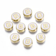 Alloy Enamel Beads, Cadmium Free & Lead Free, Light Gold, Flat Round with Alphabet, White, Letter.B, 8x4mm, Hole: 1.5mm(ENAM-N052-006-01B-RS)