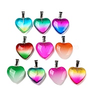 Spray Paint Glass Pendant, with Platinum Iron Findings, Heart Charms, Mixed Color, 22x20.5x6.5mm, Hole: 7.5x4mm(GLAA-H029-01P)