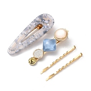 Iron Alligator Hair Clips Sets, with Cellulose Acetate(Resin), Teardrop & Flat Round and Rhombus, Golden, Steel Blue, 55~69x5~23.5x2~16mm, 4pcs/set(PHAR-P005-20A)