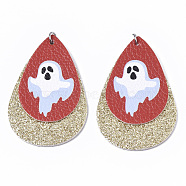 Halloween Theme, PU Leather Big Pendants, with Glitter Powder and Platinum Tone Stainless Steel Jump Rings, teardrop, with Ghost, Champagne Yellow, 56x37x3mm, Hole: 4mm(FIND-R078-10)