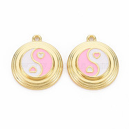 Rack Plating Light Gold Alloy Enamel Pendants, Cadmium Free & Lead Free, Flat Round with Yin Yang, Flamingo, 20x18x3.5mm, Hole: 1.6mm(ENAM-Q444-012A-RS)