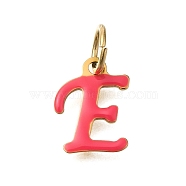 Ion Plating(IP) 304 Stainless Steel Enamel Alphabet Charms, with Jump Ring, Real 14K Gold Plated, Letter E, 12.5x5x1mm, Hole: 5mm(STAS-F308-02G-E)