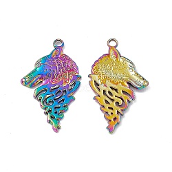 Ion Plating(IP) 304 Stainless Steel Pendants, Wolf Head Charm, Rainbow Color, 38x22x2mm, Hole: 2.5mm(STAS-B031-25R)