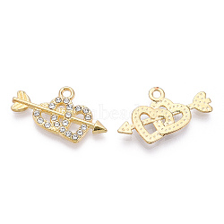 Alloy Pendants, with Crystal Rhinestone, Cadmium Free & Lead Free, Heart with Arrow, for Valentine's Day, Light Gold, 14.5x26x2.5mm, Hole: 1.8mm(PALLOY-T087-12KC)