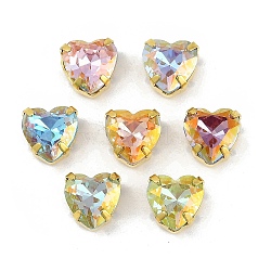 Brass Glass Rhinestone Sew on Rhinestones, Heart, Faceted, Mixed Color, Golden, 10x10x7mm, Hole: 0.8mm(RGLA-U001-11G-02)