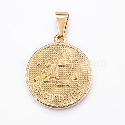 Real 18K Gold Plated 304 Stainless Steel Pendants, Flat Round with Twelve Constellation/Zodiac Sign, Sagittarius, 29x25x3.2mm, Hole: 9x4.5mm(STAS-H372-01I)