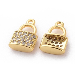 Brass Micro Pave Cubic Zirconia Charms, Padlock, Clear, Real 18K Gold Plated, 13x8x3mm, Hole: 1mm(X-KK-L184-11G)