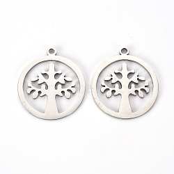 201 Stainless Steel Pendants, Laser Cut, Flat Round with Tree of Life, Stainless Steel Color, 22x20x1mm, Hole: 1.6mm(STAS-Q239-004)