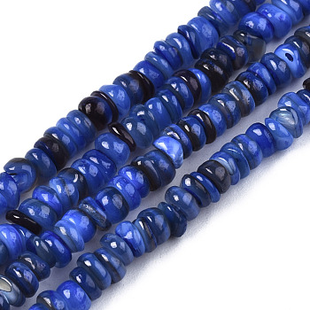 Natural Freshwater Shell Beads Strands, Dyed, Chip, Midnight Blue, 3~4x0.3~3mm, Hole: 0.6mm, about 220~225pcs/strand, 14.76 inch~15.16 inch(37.5cm~38.5cm)