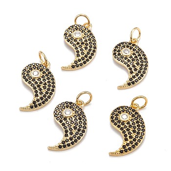 Brass Micro Pave Black Cubic Zirconia Pendants, Long-Lasting Plated Magatama, Real 18K Gold Plated, 18x9x2mm, Hole: 3.5mm, Ring: 5x1mm