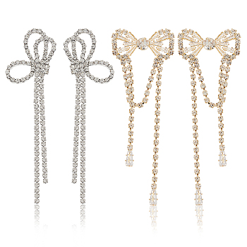 ANATTASOUL 2 Pairs 2 Style Crystal Rhinestone Bowknot Dangle Stud Earrings, Alloy Tassel Long Drop Earrings for Women, Platinum & Light Gold, 71~81x23~25mm, Pin: 0.7mm, 1 Pair/style