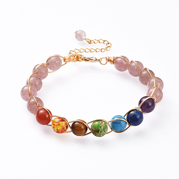 Chakra Jewelry, Natural Strawberry Quartz Bracelets, with Brass Lobster Claw Clasps and 304 Stainless Steel Twisted Chains, 7-1/2 inch(19cm)
