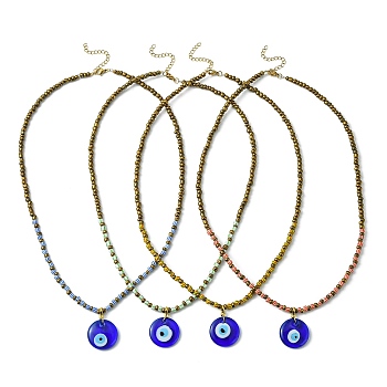 Handmade Evil Eye Lampwork Pendant Necklace with Glass Seed Beaded Chains for Women, Mixed Color, 21.46 inch(54.5cm)