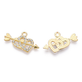 Alloy Pendants, with Crystal Rhinestone, Cadmium Free & Lead Free, Heart with Arrow, for Valentine's Day, Light Gold, 14.5x26x2.5mm, Hole: 1.8mm