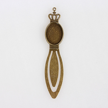 Antique Bronze Iron Bookmark Cabochon Settings, Crown with Alloy Oval Tray, Cadmium Free & Nickel Free & Lead Free, 102x20x3mm, Hole: 2mm, Tray: 18x25mm