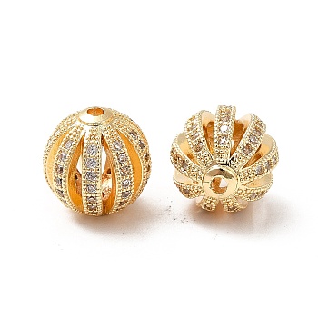 Brass Micro Pave Cubic Zirconia Beads, Real 18K Gold Plated, Hollow Round, Clear, 11mm, Hole: 1.2mm