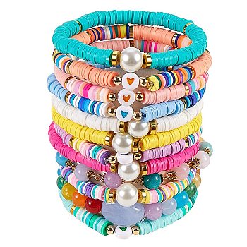 Stretch Bracelets Sets, with Polymer Clay Heishi Beads, Acrylic Beads, Glass Pearl Beads and Brass Beads, Mixed Color, 12pcs/set