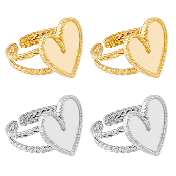 SUPERFINDINGS 4Pcs 2 Colors 304 Stainless Steel Open Cuff Ring Findings, Bezel Cup Ring Settings, Heart, Golden & Stainless Steel Color, Tray: 16x16mm, US Size 7 1/4(17.5mm), 2Pcs/color