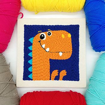 Dinosaur Punch Embroidery Supplies Kit, including Instruction, Embroidery Fabric with Solid Wood Frame, Plastic Needle and 7 Colors Threads, Mixed Color, 16~263x1.3~263x2.5~18mm